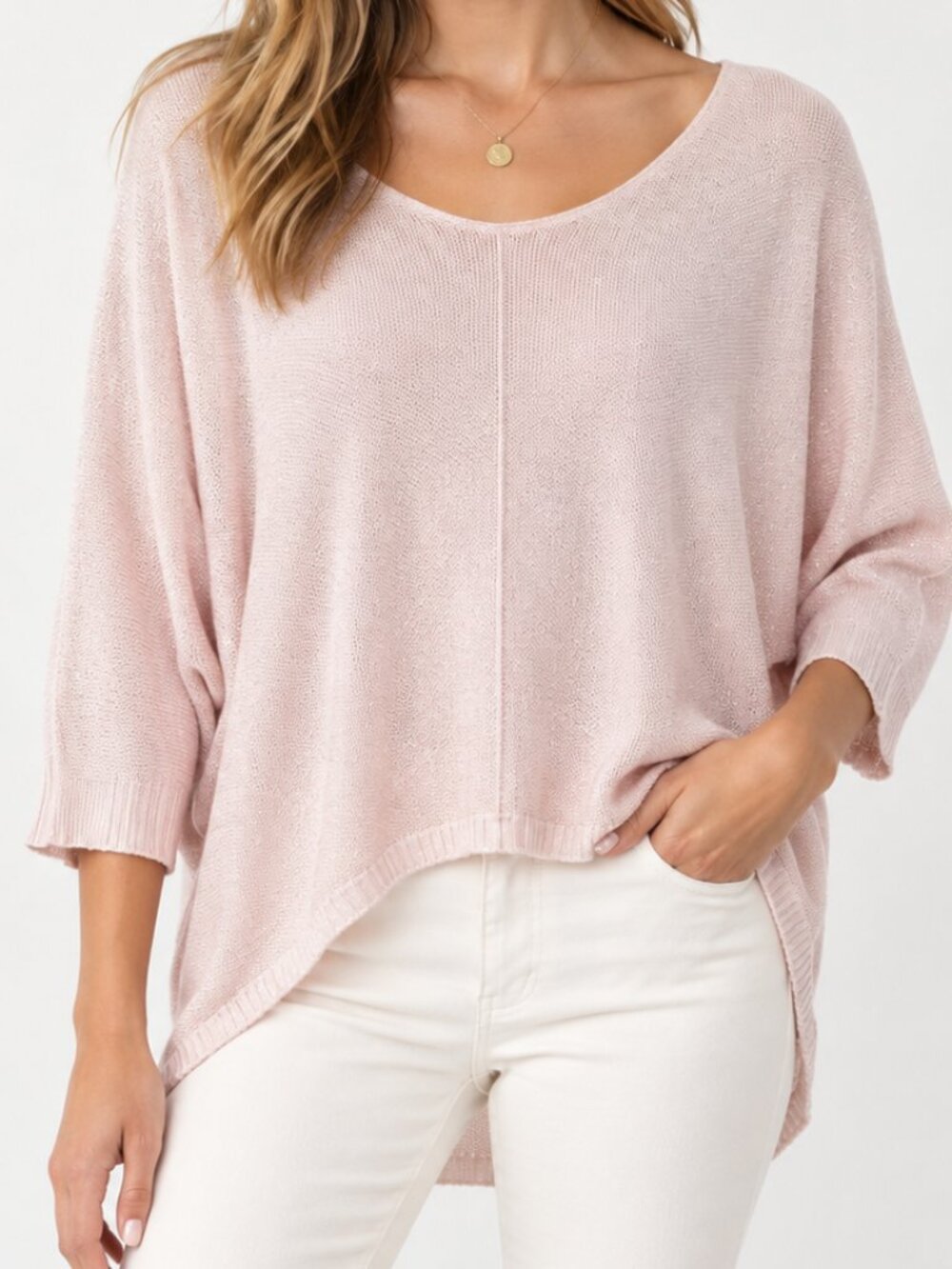 Free For Humanity Pink Metallic Shimmer Dolman High Low Sweater